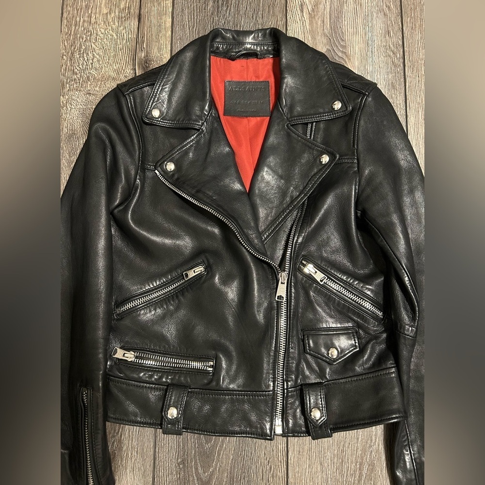 ALLSAINTS Black Sheep Leather Moto Biker Jacket Cropped Size 4 - Picture 15 of 16